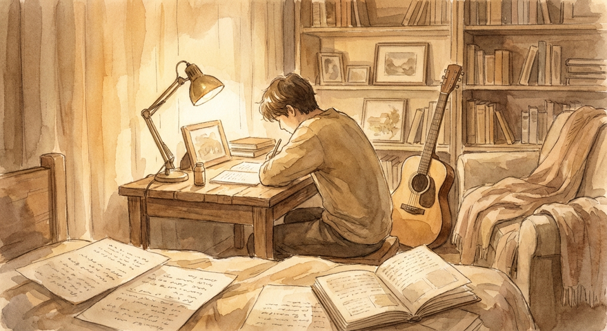 A songwriter crafting a biography song at their desk